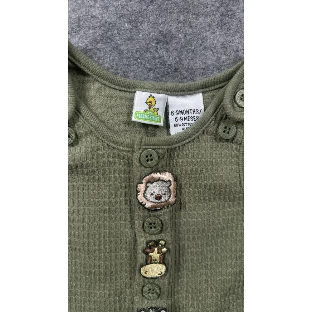 VTG Sesame Street Safari Overalls 6-9M Green Embroidered Cookie Monster Henson